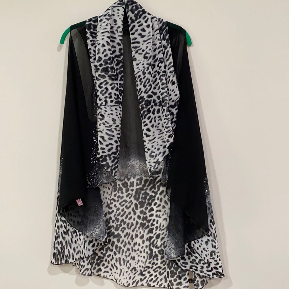 Unique Cape Style Black and Snow Leopard Print Vest by “G”.